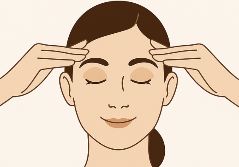 augentraining Illustration einer Frau, die mit geschlossenen Augen sanft ihre Stirn mit beiden Händen massiert.